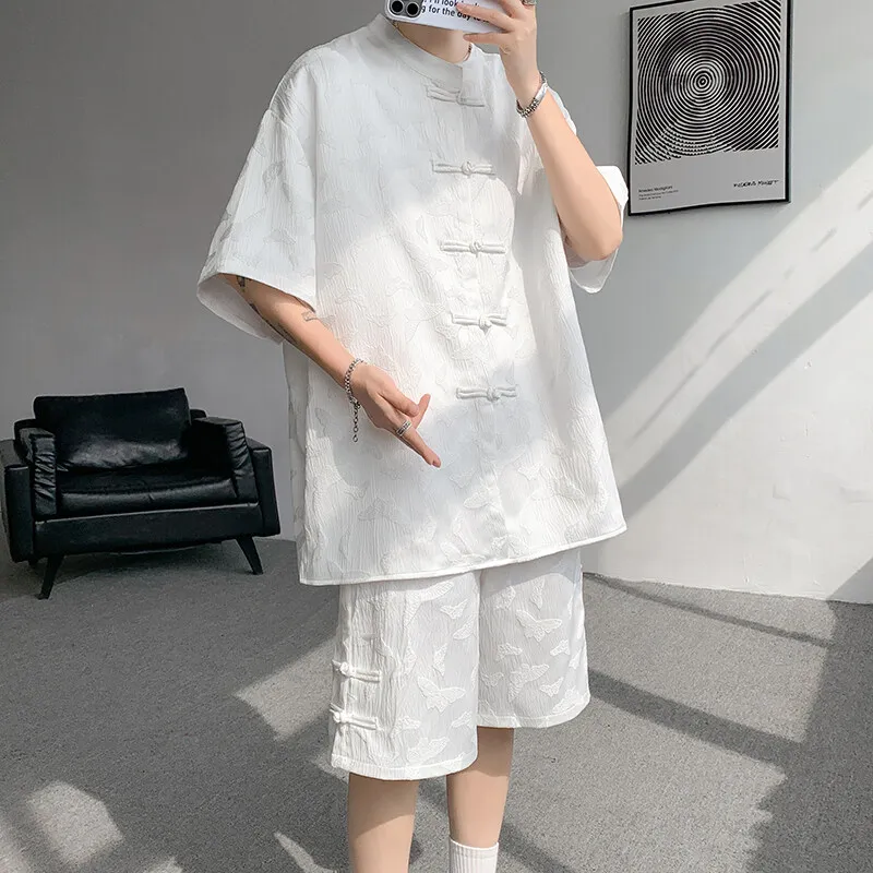 

Men's Plus Size Chinese Style Summer Print Mandarin Collar Shirt & Elastic Waist Shorts Set - Oriental Inspired 2-Piece Outfit