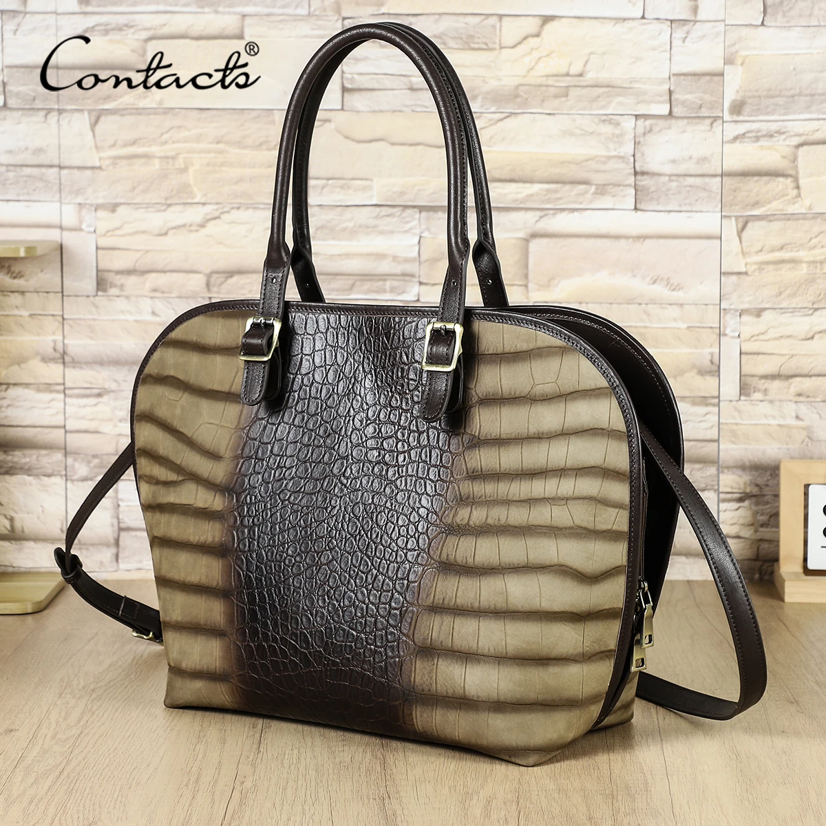 CONTACT'S Full Grain Croc Embossed Leather Business Bags for Women Briefcase Tote Shoulder Bag Office Lady Bags for 14.2“ Laptop