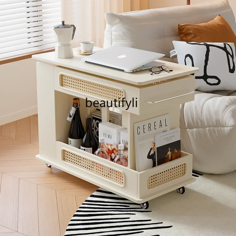 

French Cream Style Rattan Coffee Table Movable Adjustable Small Coffee Table Sofa Side Cabinet Living Room Storage Table