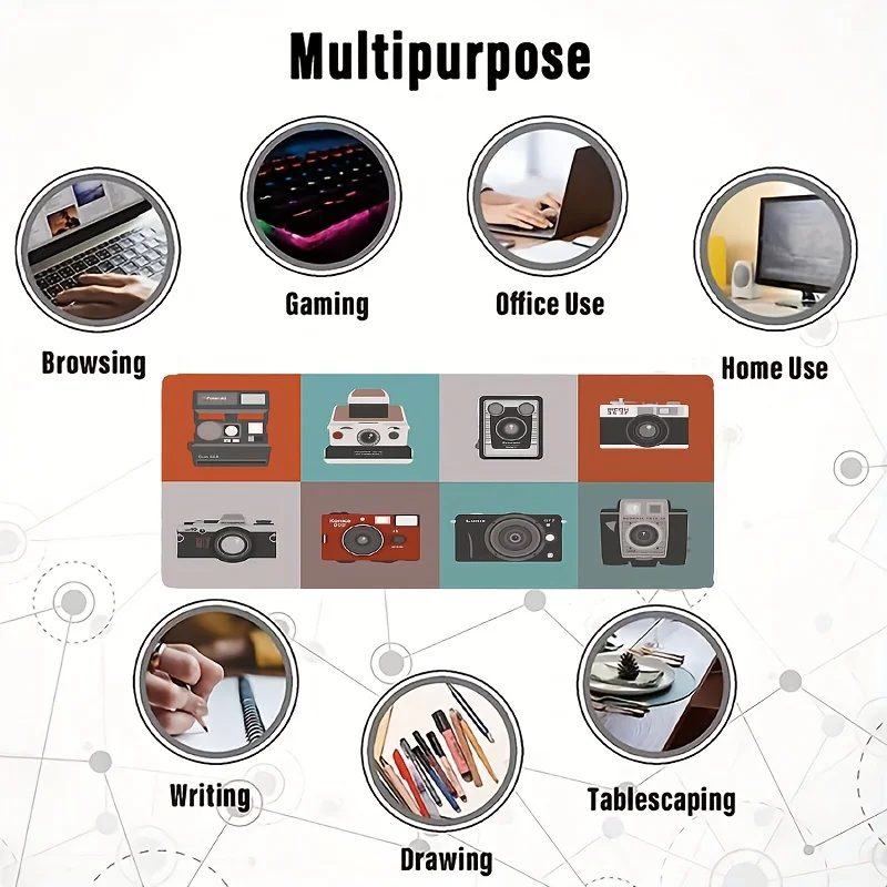 Vintage camera print mouse pad non-slip rubber stitched edge durable for office and gamer table mat computer accessories