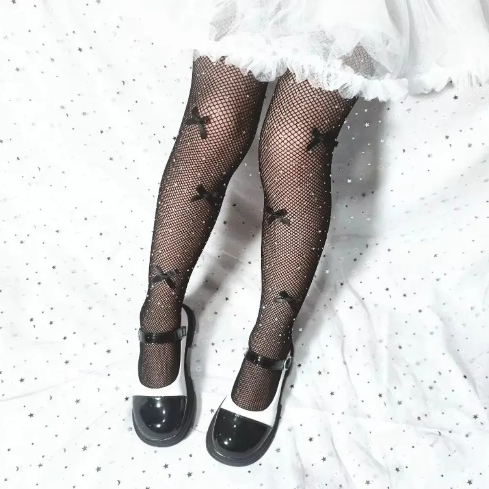 Colorful Children Rhinestone Fishnet Tights Bow Accents Net Texture Sparkling Stockings Breathable Nylon Girls Mesh Pantyhose