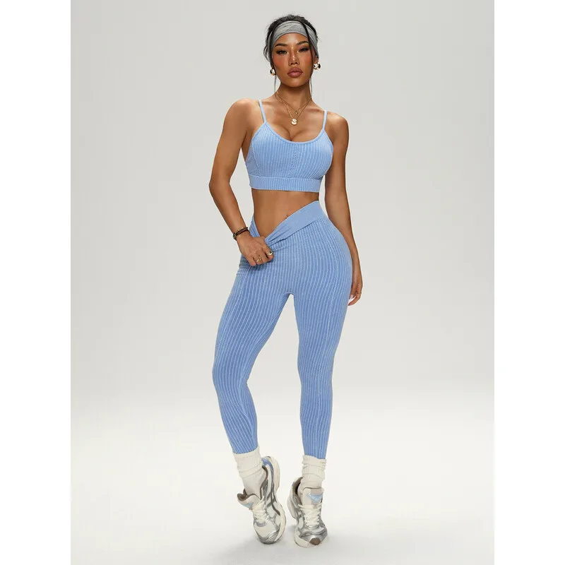 Women's Seamless Yoga Pants Set Sand Washed Sport Fitness Running Shockproof Vest Long Pants Two Piece Set Tight Clothes