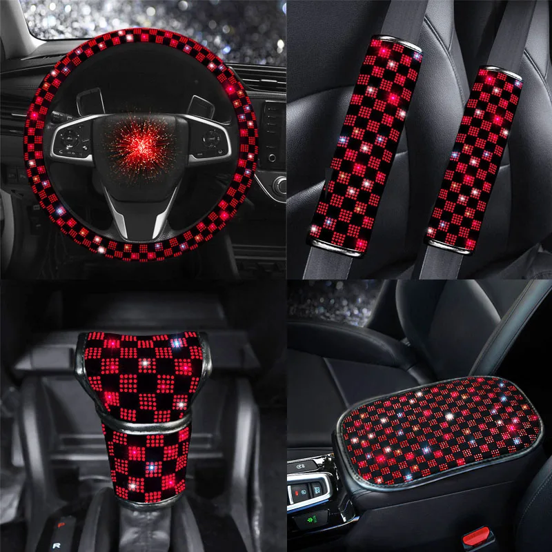 

Women Bling Crystal Diamond Car Interior Decoration Accessorie Red Rhinestone Car Steering Wheel Covers Universal For Most Model