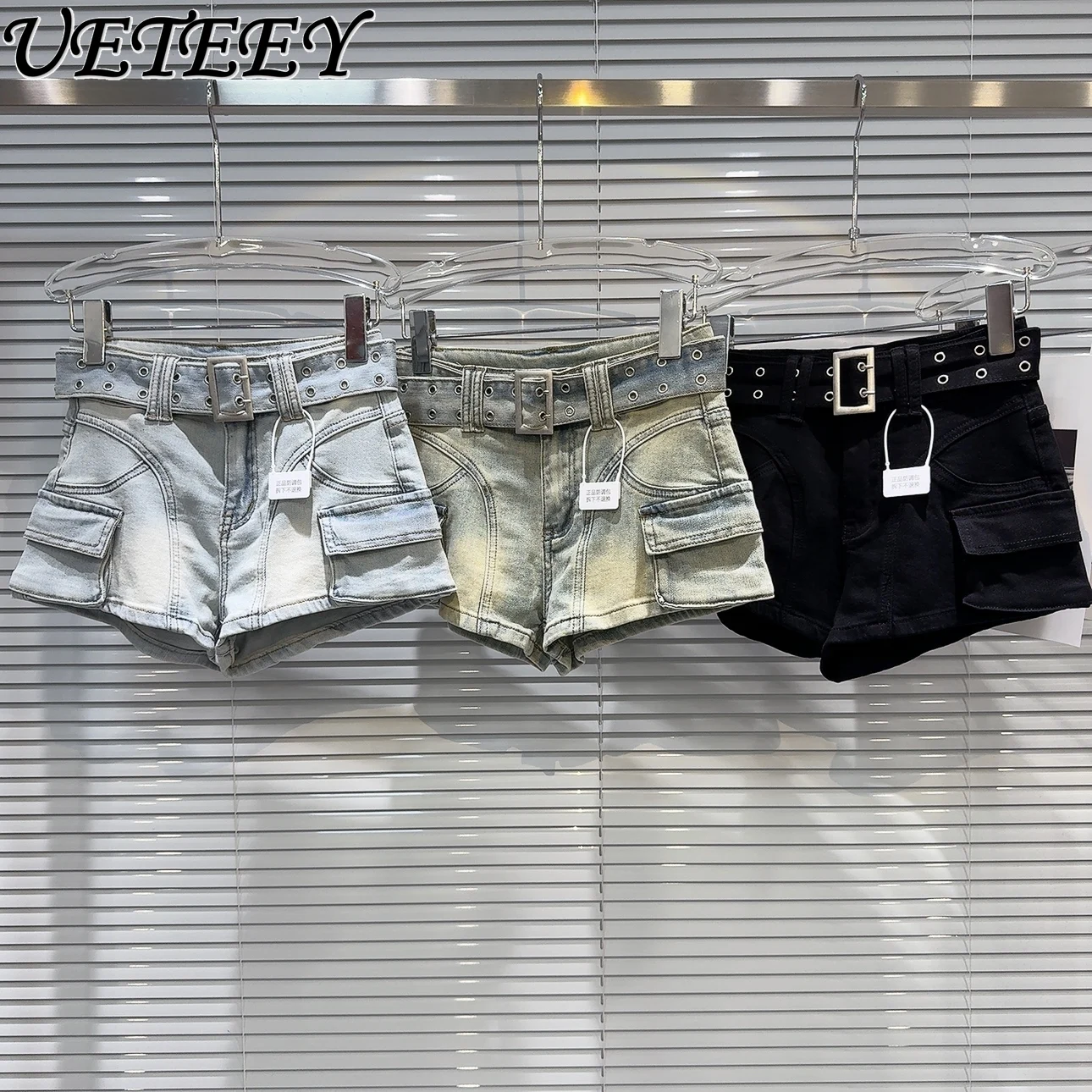 

2024 Summer New Sweet Girl Mini Shorts Rivet Belt Pocket Washed and Worn Denim Short Jeans All-matching High Waisted Hot Pants