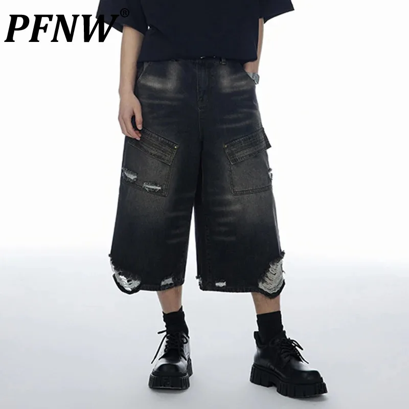 

PFNW Personalized Male Denim Shorts Vintage High Street Hole Worn-out Ncihe Design Men's Jeans Summer Calf-Length Pants 28W3393