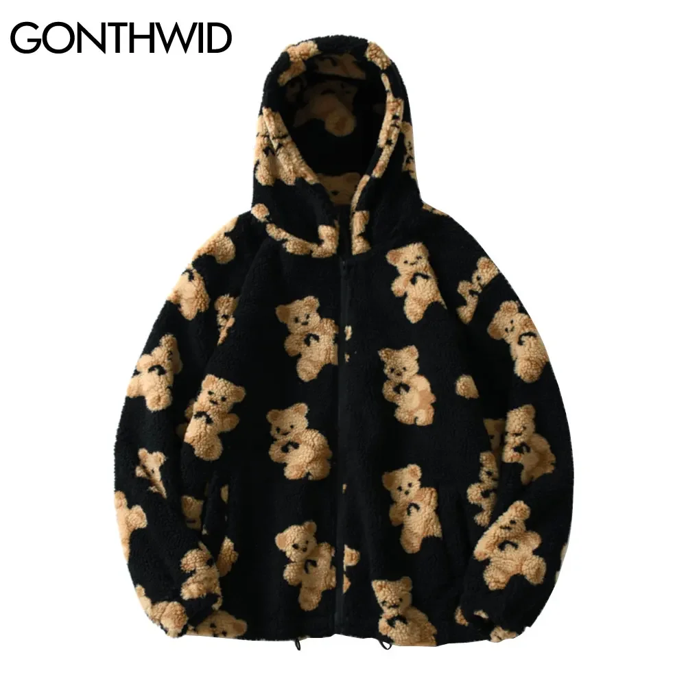 

Teddy Bear Hooded Jacket Bear Print Full Zip Fuzzy Fluffy Hooded Coat Streetwear Harajuku Hip Hop Men Women Fashion Tops Outwear