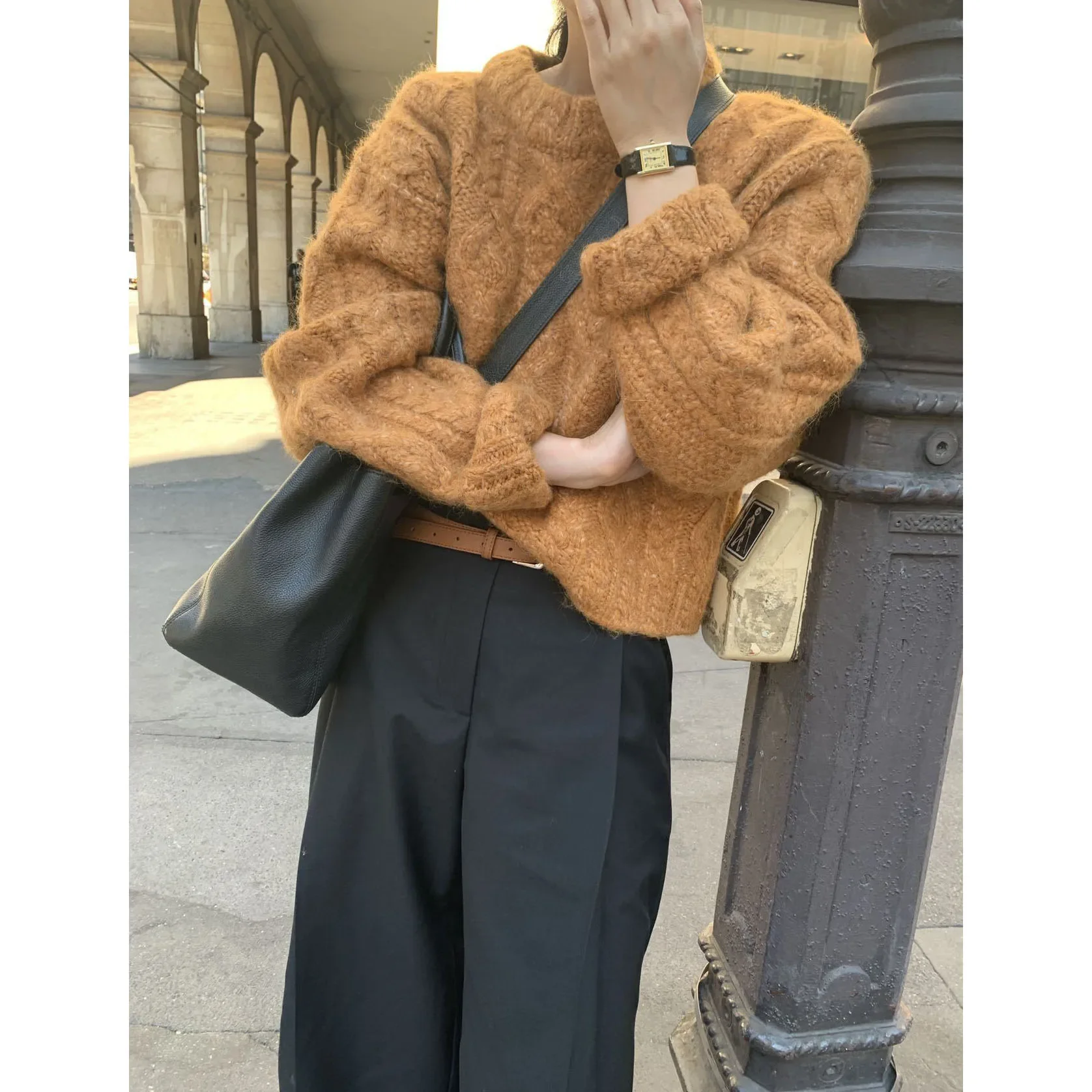 Women Wool Blend Cable Knitting Crew Neck Warm Sweater 2023 Winter Chic Classic Pullover Korean Fashion