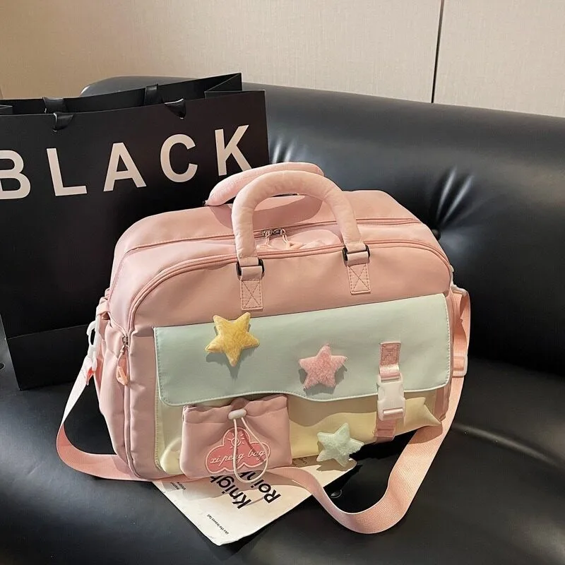 cute-casual-travel-bag-women's-lightweight-handheld-crossbody-fitness-bag-short-trip-outing-bag-korean-style-nylon-material