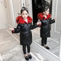 Hooded Winter Windproof Kids Parkas Coat Girl Winter Jackets Warm PU Jacket For Girls Clothes Outerwear Thick Overcoat Age 6-13