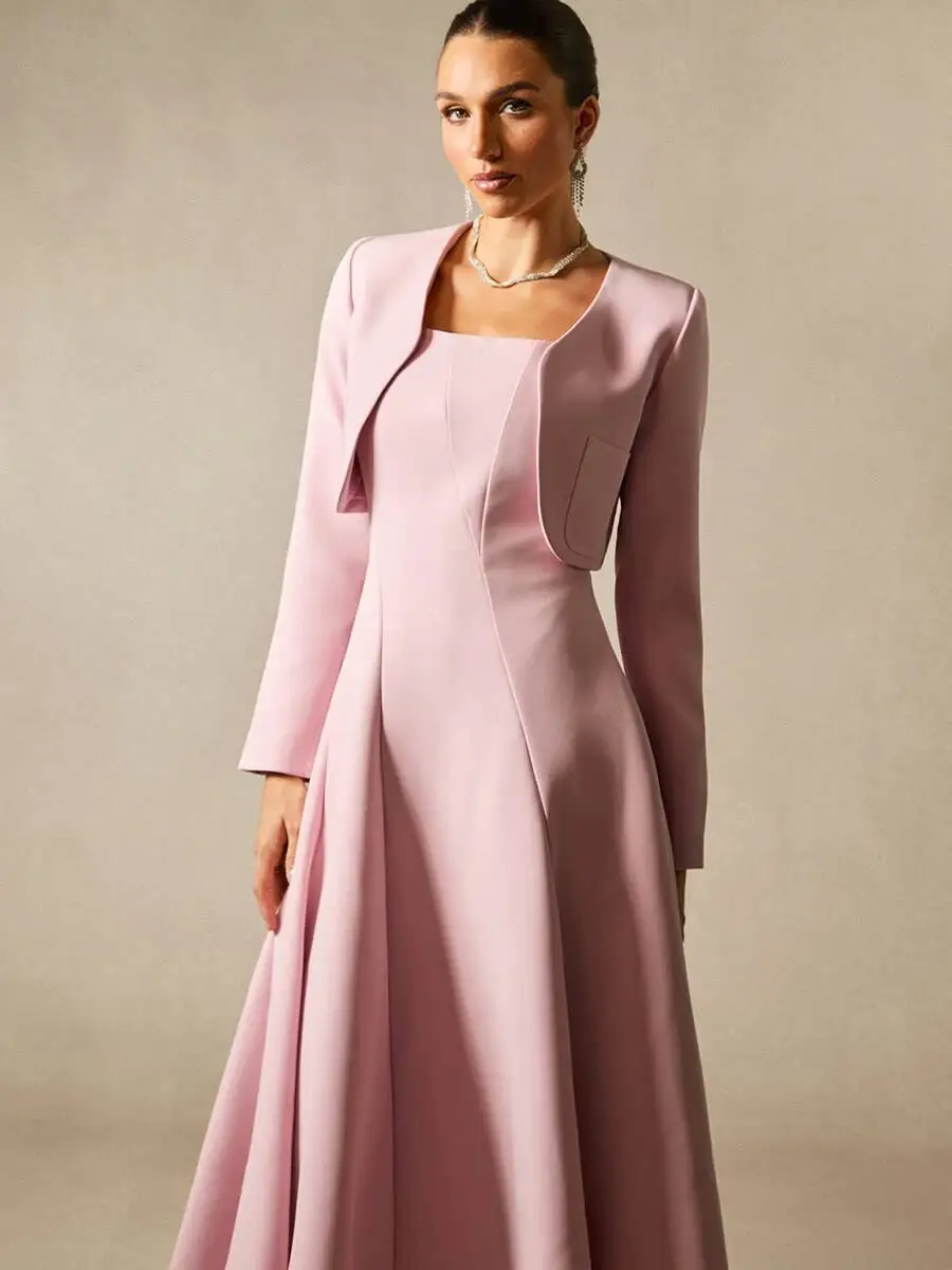 QMQA أزياء المرأة الأنيقة قطعتين مجموعات س الرقبة طويلة الأكمام معطف فوقي ساحة الرقبة أكمام أطقم فساتين 2025 الخريف QM897