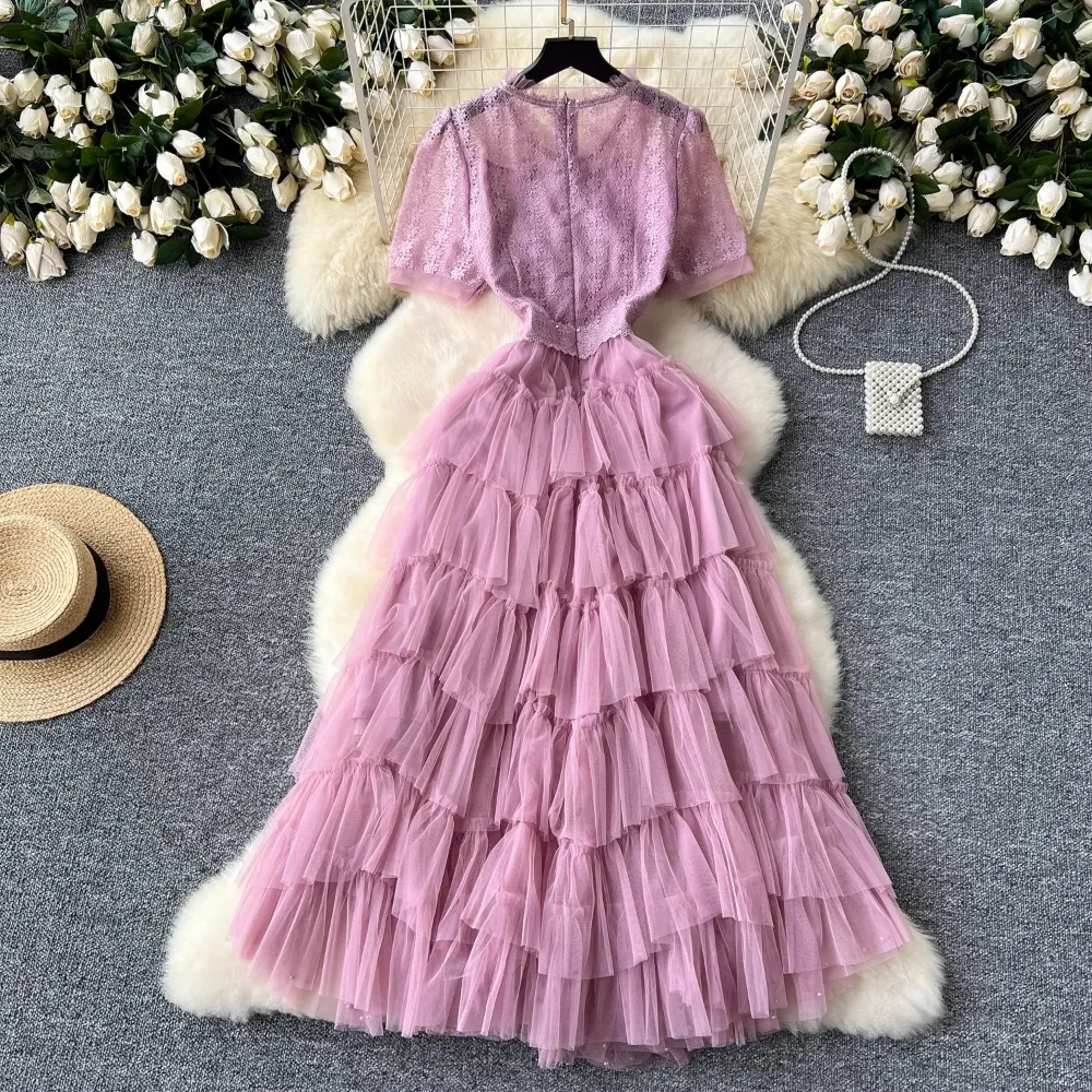 فستان نسائي فرنسي مزين بالدانتيل بأكمام قصيرة ، فساتين حلوة مطرزة ، خصر صيفي #5