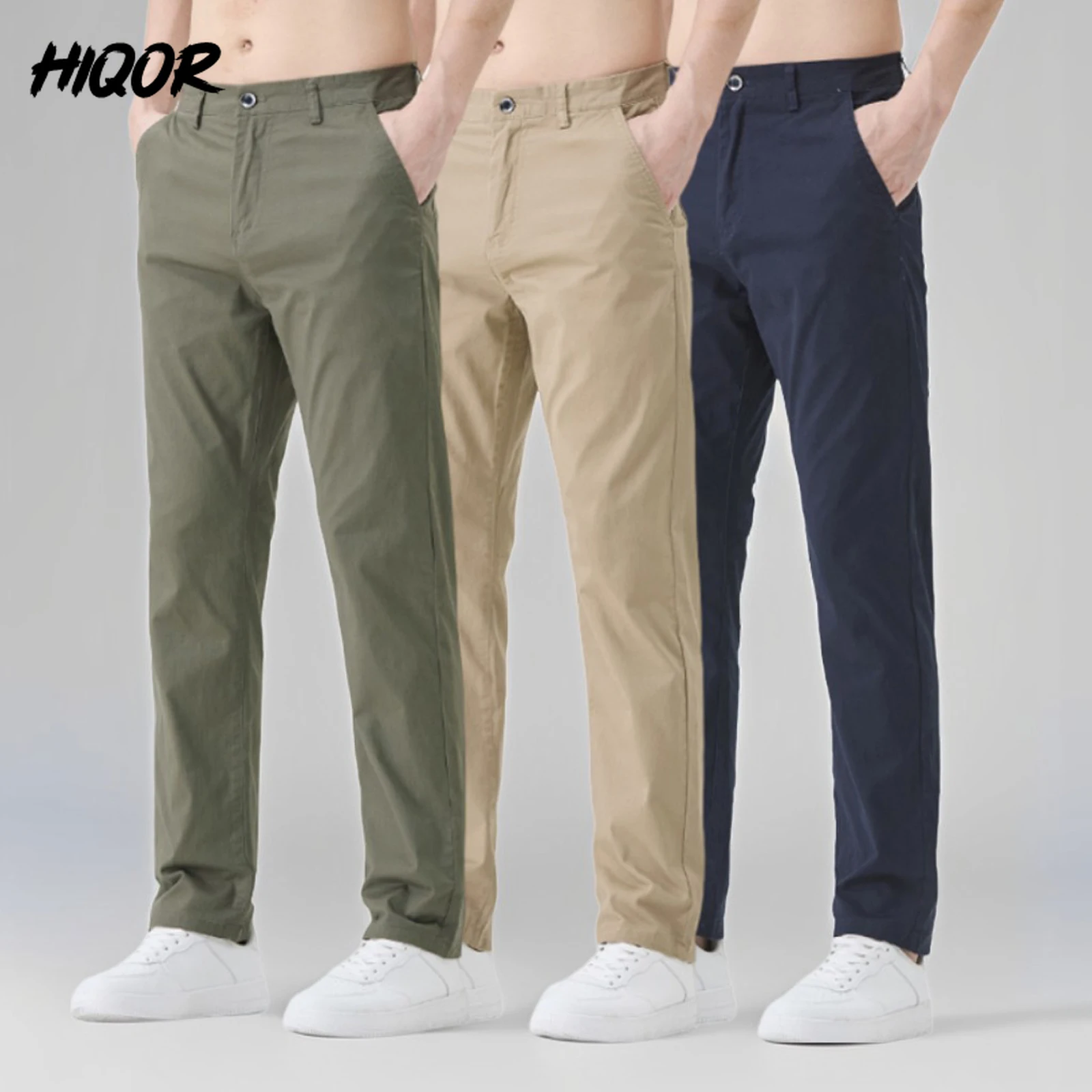 

HIQOR Men's Loose Straight Trousers For Men Summer New In Solid Army Green Khaki Business Work Wear Cotton Man Casual Pants Male