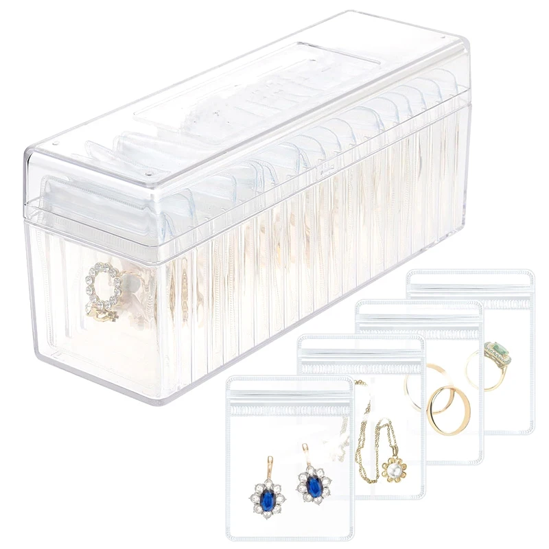 Transparent Acrylic Jewelry Storage Box With 20 Portable Anti-rust Bags Cosmetics Organizer Holder For Earring Ring Jewelry