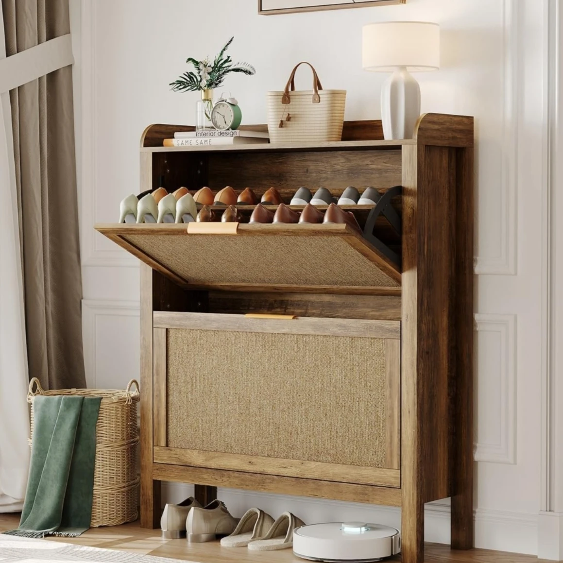 Mobile porta scarpe in rattan, stile rustico, 81 cm di larghezza, con 2 cassetti a ribalta, organizer da posizionare in ingresso, con ripiani regolabili, colore marrone.