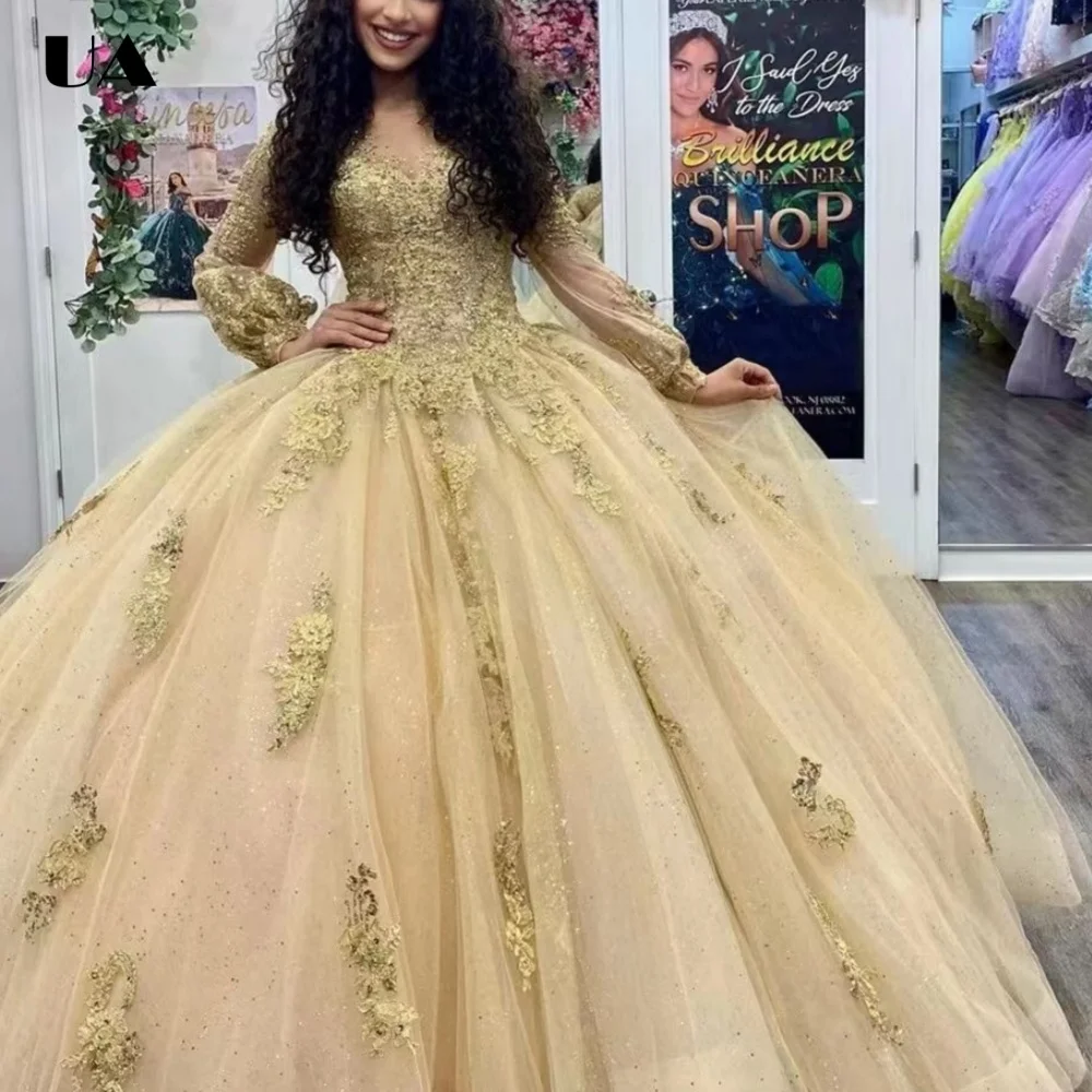 

ULBYANRY Customized A-line V-neck Sweet 15 Dress, Elegant Appliques Long Sleeve Quinceanera Dress, Vintage Mesh Ball Gown