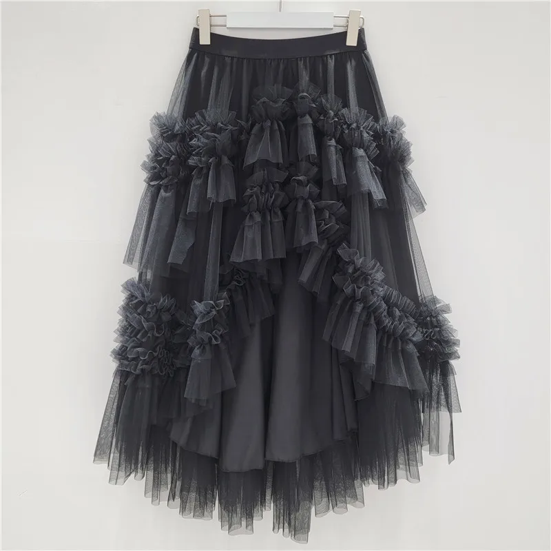 2026 New Romantic Ruffle Tulle Puff Skirt Women Irregular Slant Hem Fish Tail A Line Cake Skirt Fairy Dress