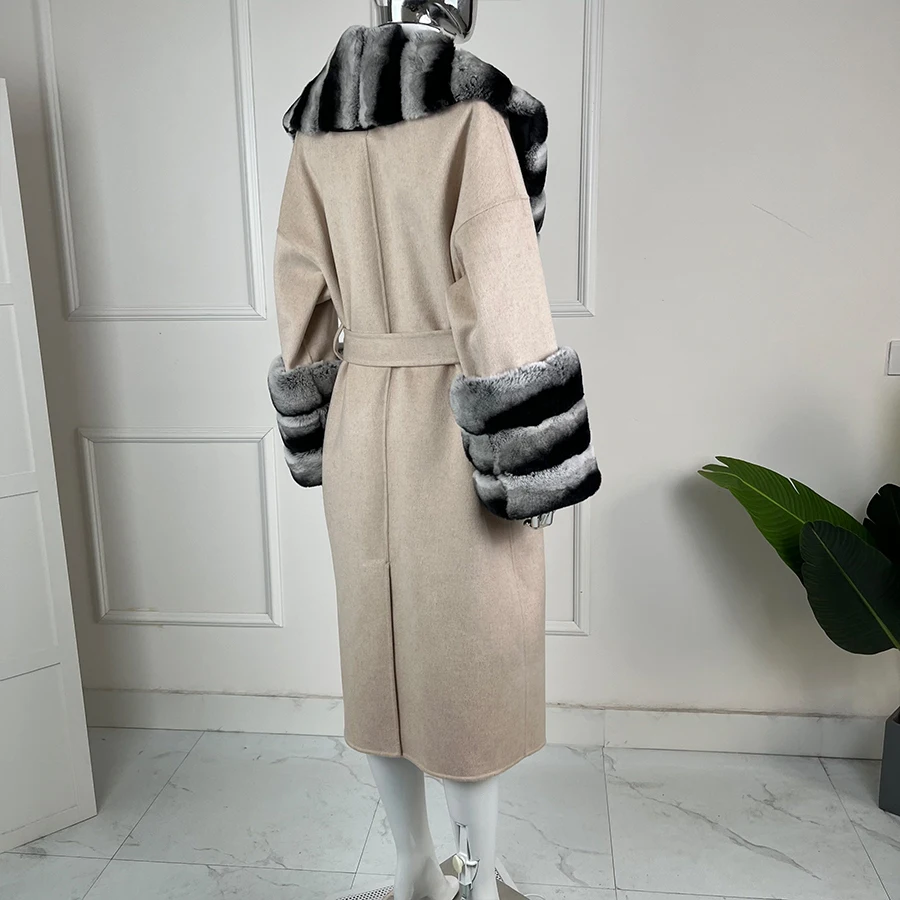 Płaszcz damski z naturalnego futra szynszyli Długi, luźny, wełniany płaszcz damski Kaszmirowy kardigan z futrem Modna ciepła odzież wierzchnia