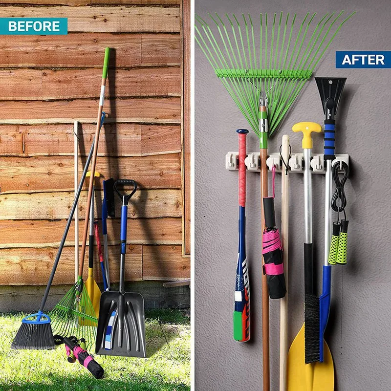 Mop And Broom Rack - Garage Storage System With 5 Slots, 6 Hooks - Gardening Tools For Homes, Kitchens, Garages, Laundry