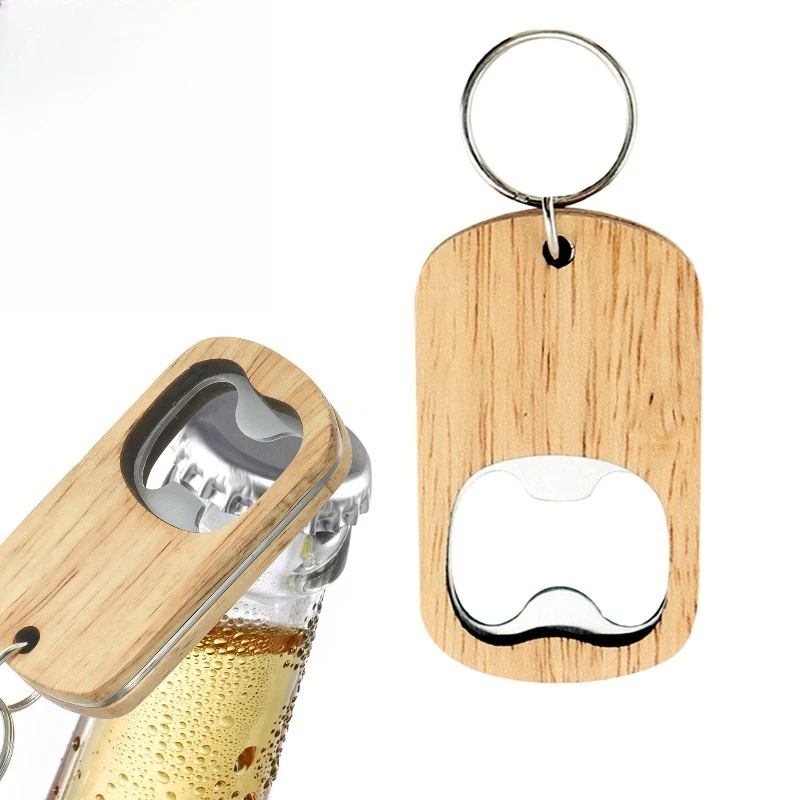 Beer Bottle Opener Household Stainless Steel with Wooden Handle Portable, Customizable Keychain Personalized Unisex Key Chain