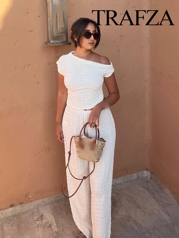TRAFZA Summer Fashion Women Suit Solid Skew Collar Sleeveless Tops+Mid Waist Elastic Waist Wide Leg Pants Female Chic Set Traf