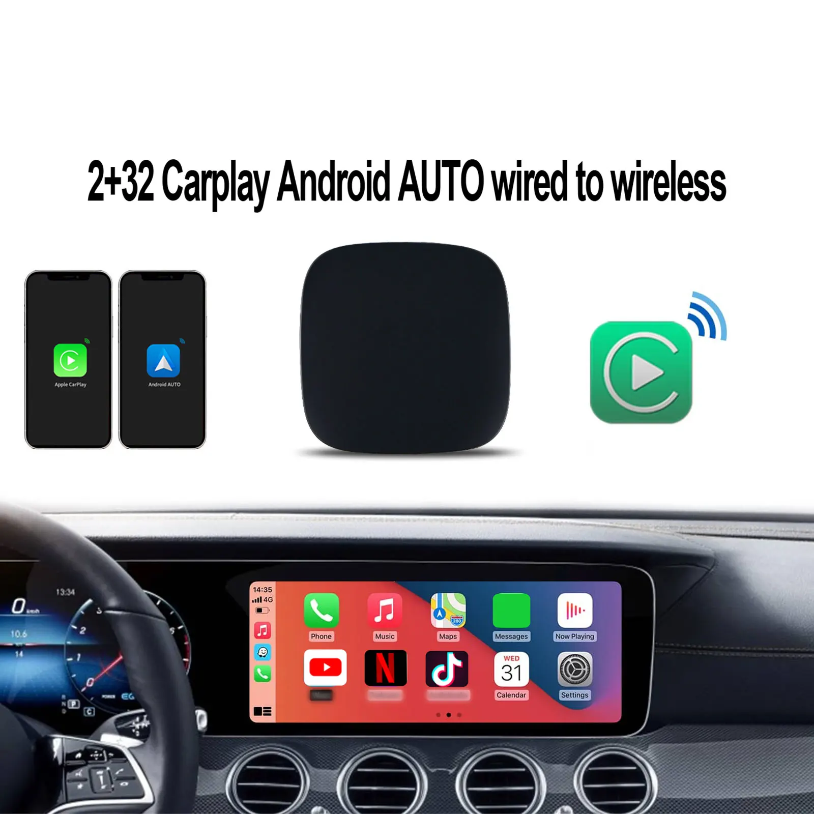 Caja de Ia automática para ver vídeos de YouTube, Netflix, TIKTOK, Android, 2 en 1, con cable a Carplay inalámbrico, adecuado para Apple y Android