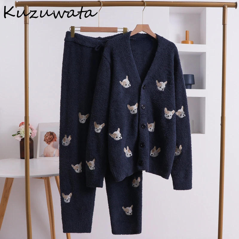 Kuzuwata Simple V Neck Long Sleeve Cartoon Sleepwear Embroidery Velvet Warm Print Dog Pajamas Japan Lovely New Winter Pajama