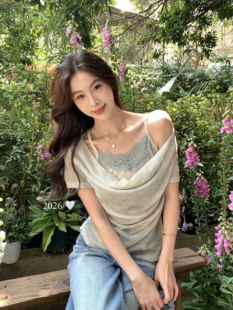 

Summer Atmosphere Tie Dye Lace Illusion Short Sleeve Fashionable Versatile Slimming Top Women's Commute Style Comfortable Bre...
