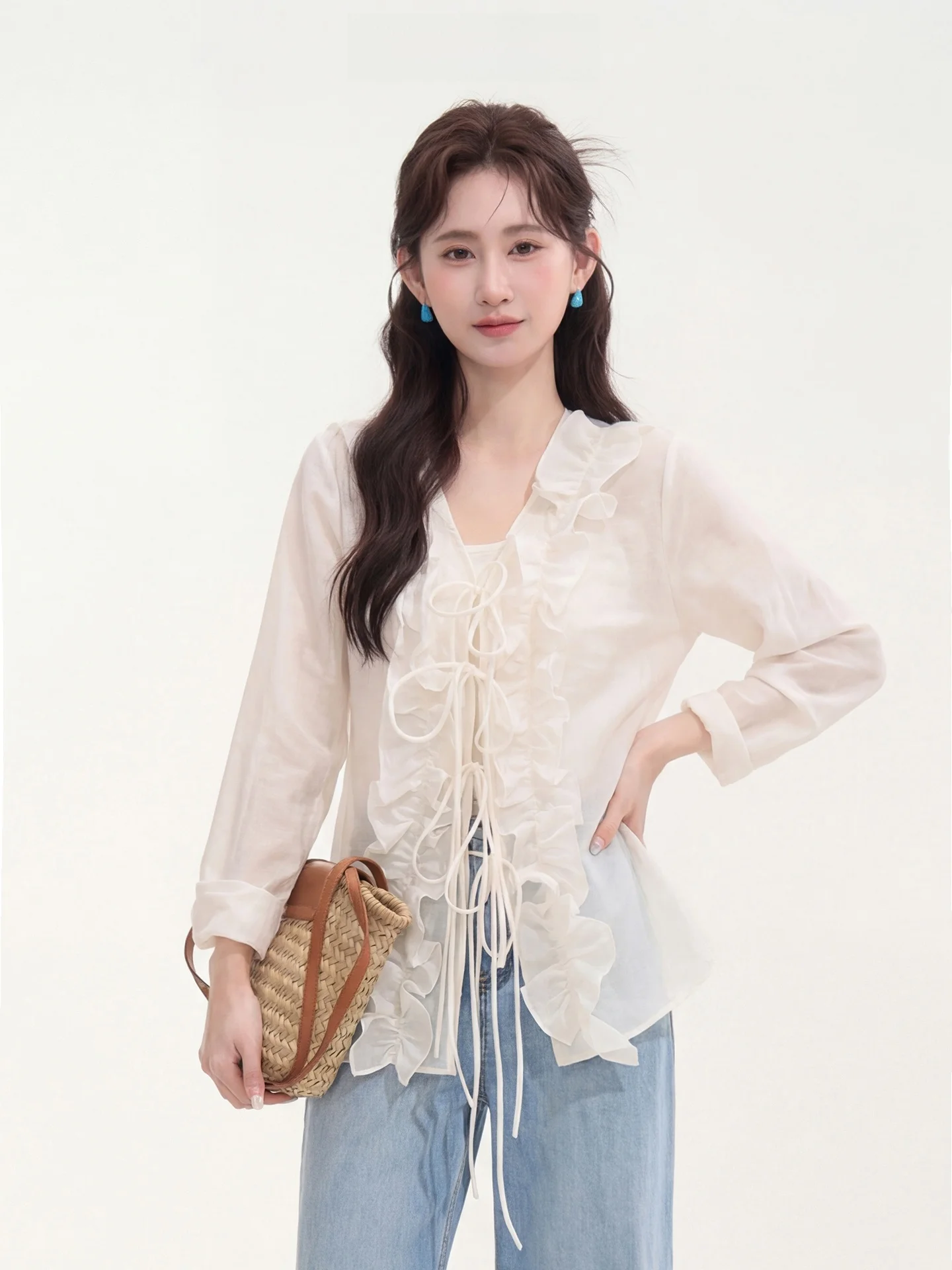 

Sweet Style Long Sleeve Sun Protection Shirt with Lace Binding Women's Soft Candy Cotton Blend Loose Fit Summer Shirt