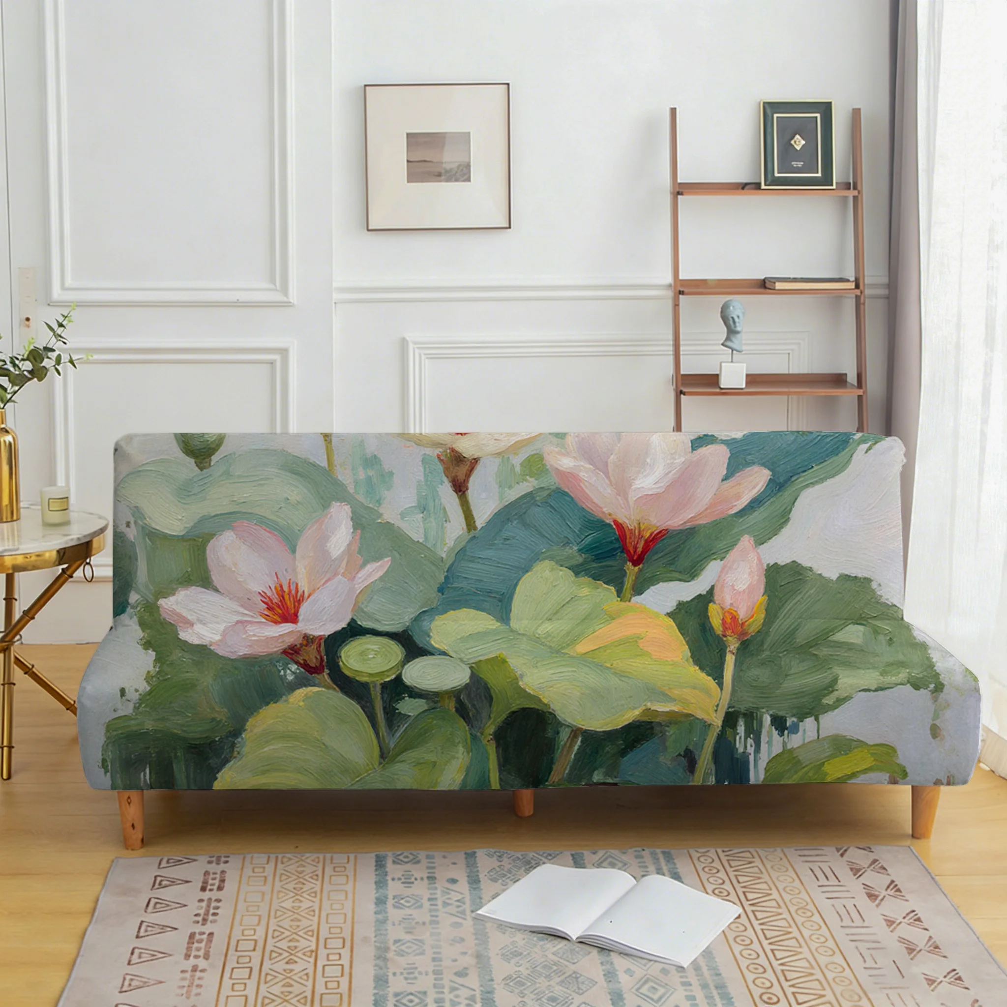 Lotus water lily printed elastic sofa bed cover, living room sofa bed cover, dustproof machine washable sofa bed cover