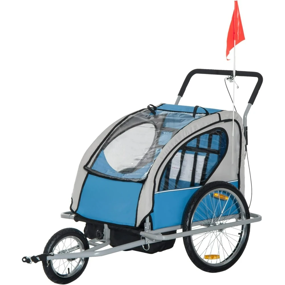 Elite Three-Wheel Bike Trailer for Kids Bicycle Cart for Two Children with 2 Security Harnesses & Storage Pet Stroller