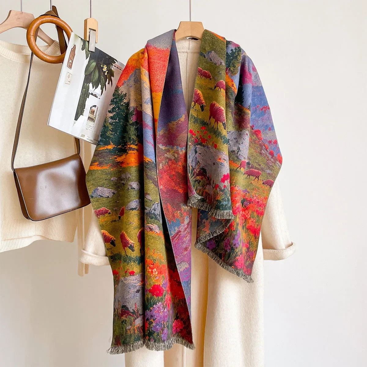 Woman Oil Painting Cashmere Feel Stoles Autumn Winter Cold Weather Fashion Thick Warm Shawl High Quality Wrap Scarves Desigual