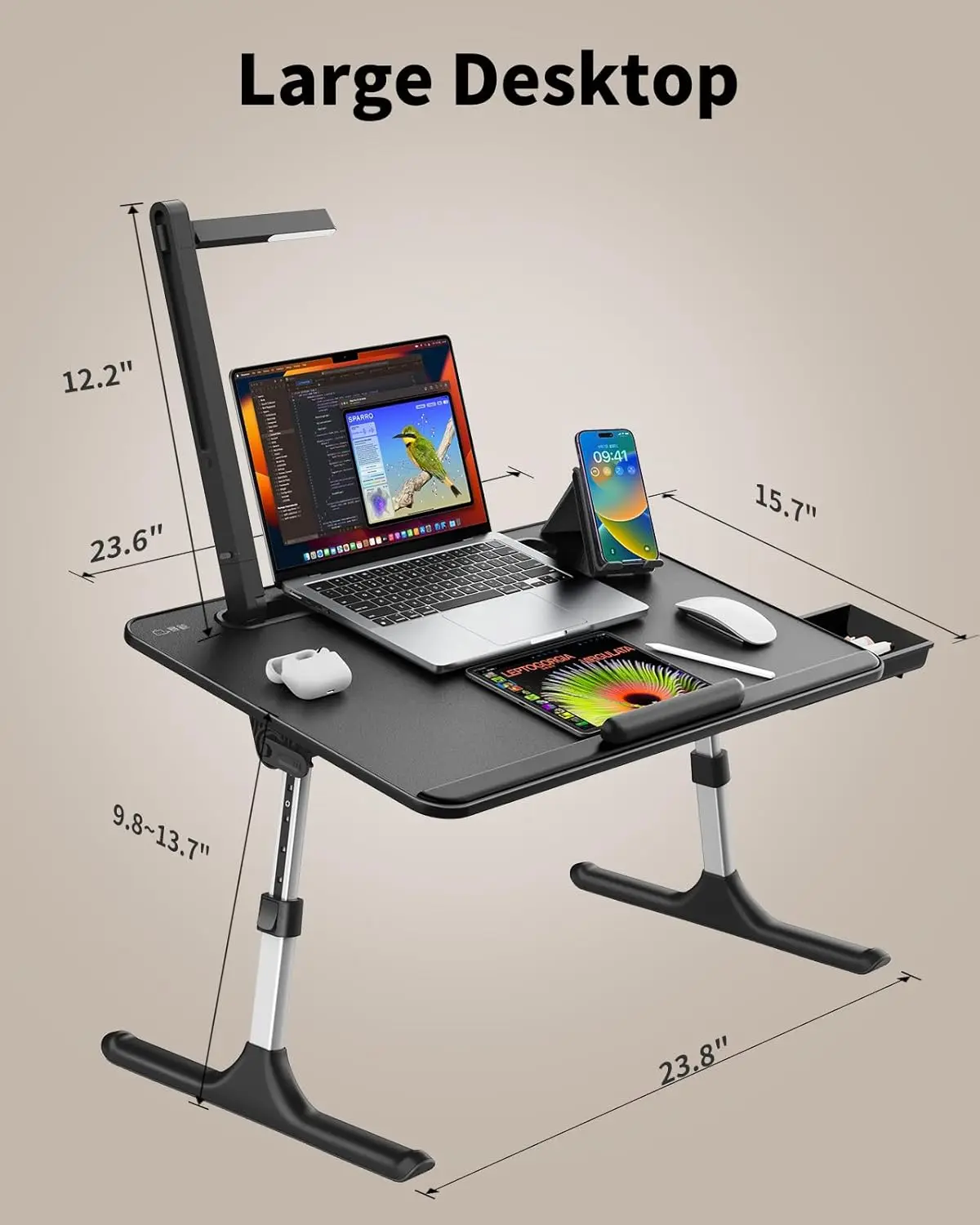 

Laptop Table with LED Desk Light, SAIJI Laptop Stand for Bed, Height Adjustments Bed Desk with Book Stand (Black)Hot Sale