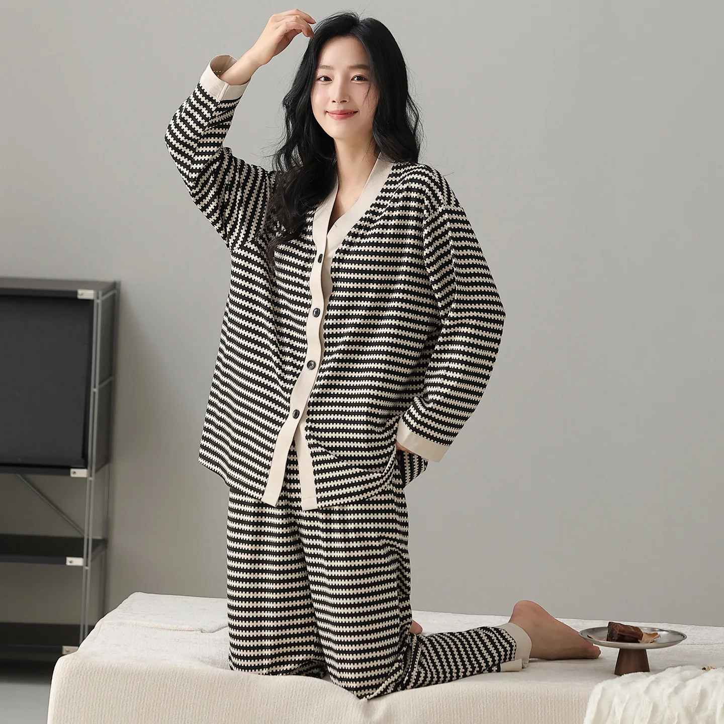ensemble-pyjama-en-coton-pour-femmes-decontracte-col-en-v-vetements-de-nuit-vetements-de-maison