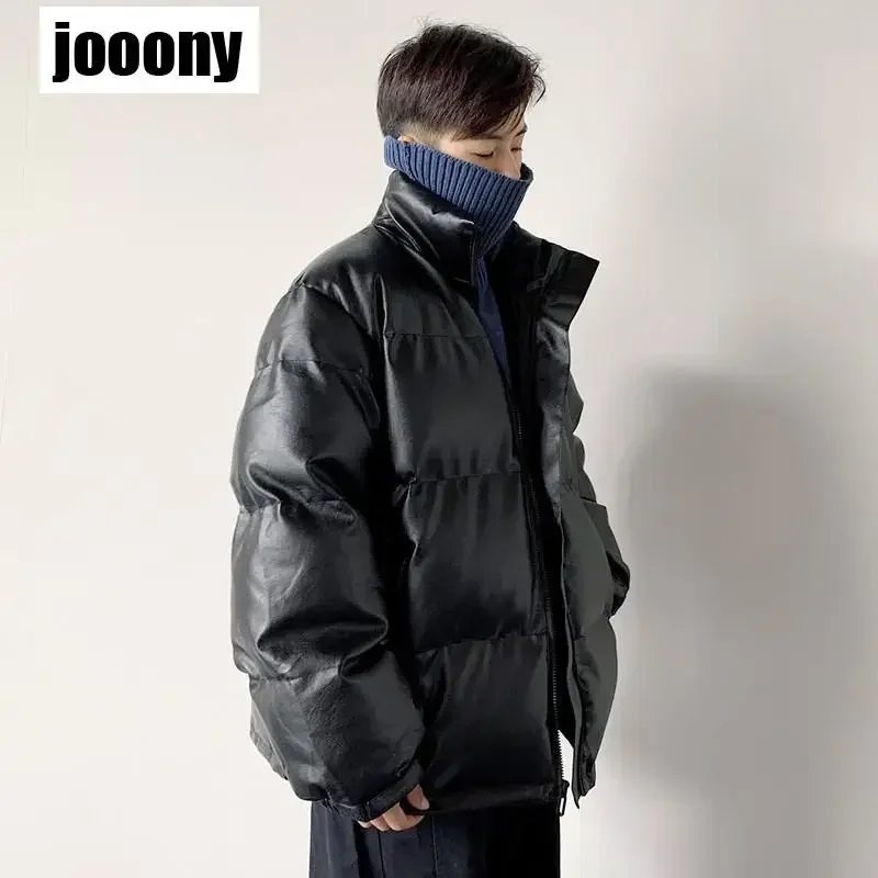 

Warm Winter Leather Coats Harajuku Fashion Male Loose Cotton Padded Jackets Thicken Solid Color Mens Design Bread Clothing Loose