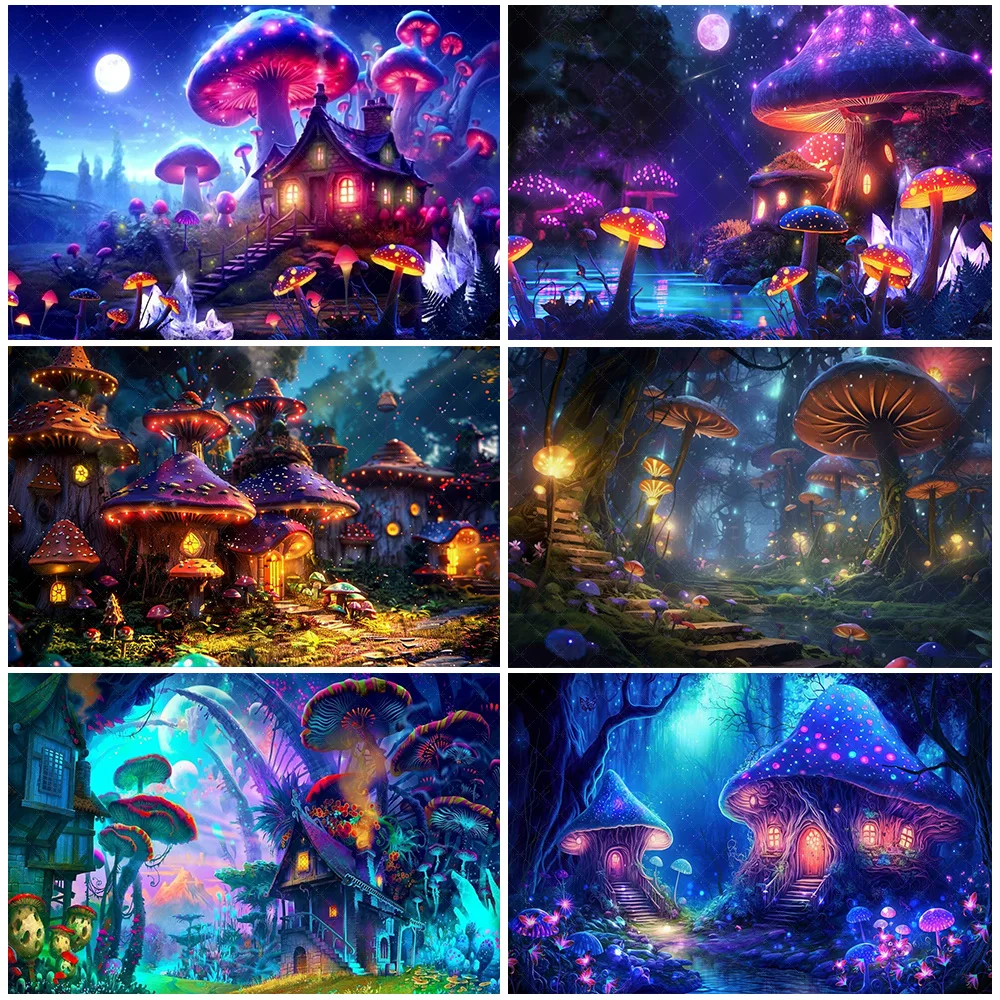 

Fairy Tale Dreamy Mushroom House Backdrop Enchanted Forest Photography Background Birthday Party Decorations Wonderland Decor