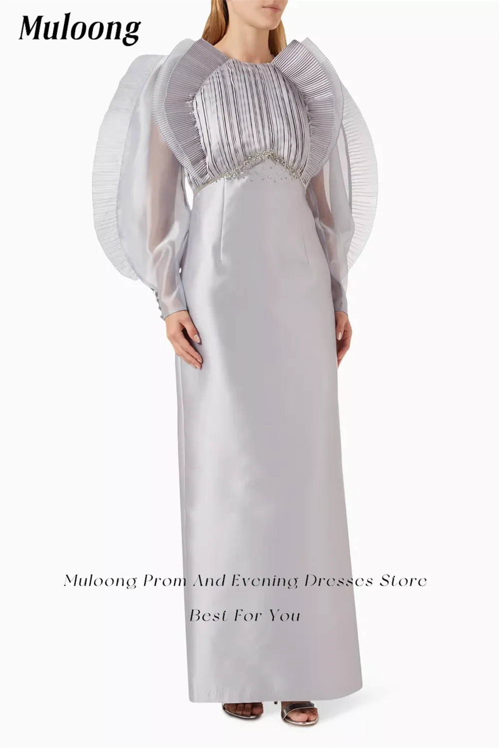 Muloong Grey O Neck Pleated Maxi Dress Puff Sleeves Ankle Length Mermaid Classic Evening Dress Beaded Saudi Aribia Prom Gown