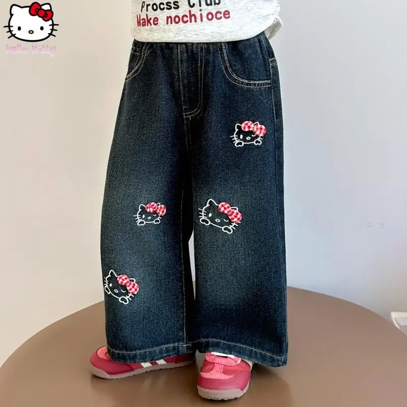 

Hello Kitty Girls Kawaii Jeans Cartoon Spring Autumn Wide-Leg Pant Anime New Girls Clothing Fashion Sanrio Fashion Straight Pant