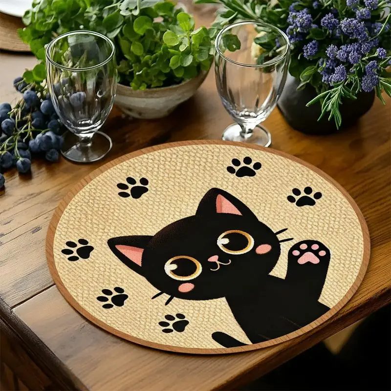 VIKAMA Cartoon Cat Round Table Placemat Kitten Paw Pattern Burlap‑Look Heatproof Dining Table Mats For Home Decor
