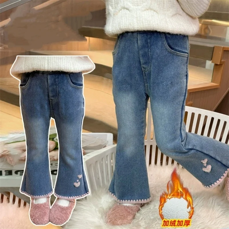 Girls Plus Velvet Jeans 2026 New Winter Style Children's Thickened Velvet Bell-bottom Pants for Girls Fashionable Trousers