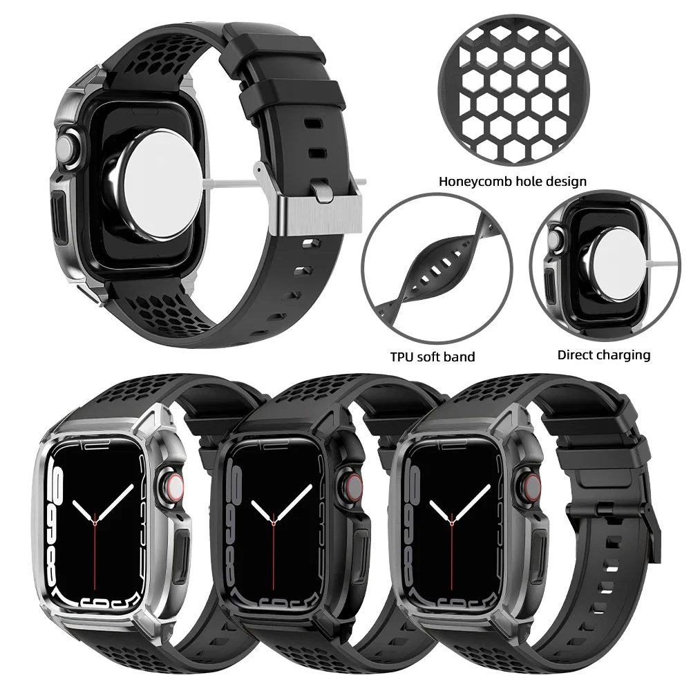 Modification Kit For Apple Watch 9 45mm Stainless Steel Case+Rubber Strap For Iwatch Series 9 8 7 6 SE 5 4 45MM 44MM Refit Kit