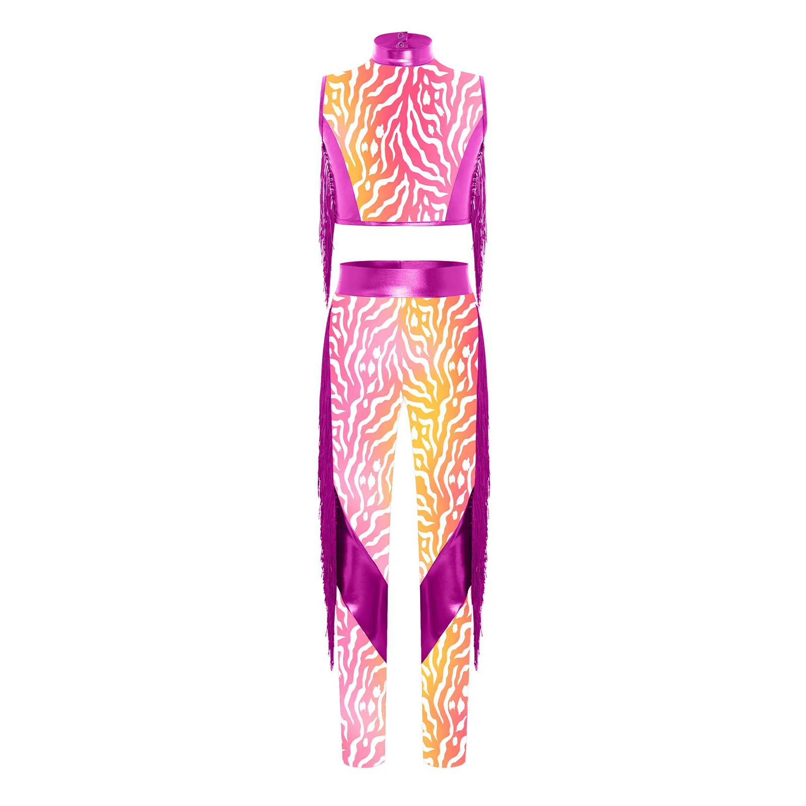 キッズガールズヒップホップジャズダンスパフォーマンスフィギュアスケートコスチュームメタリックタッセルダンス衣装キーホールバッククロップトップとレギンス