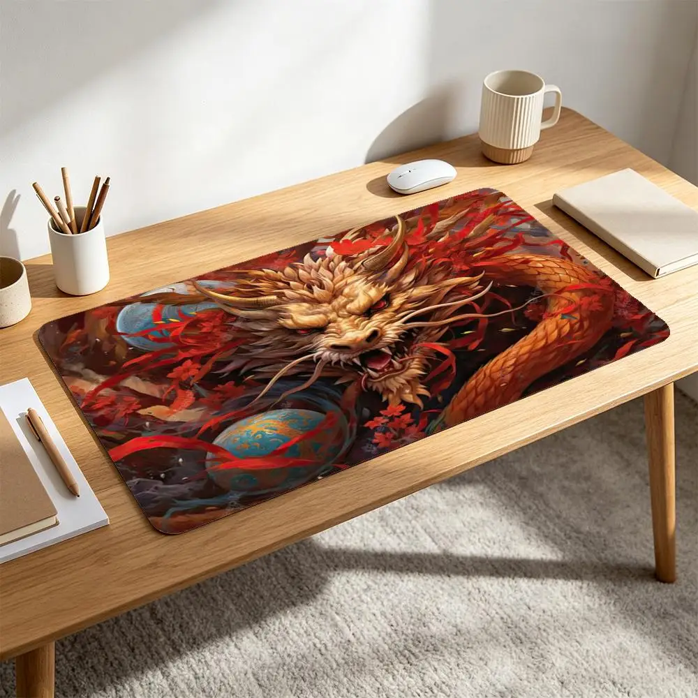 XL Extended Desk Pad Fantasy Golden Chinese Dragon with Red Ribbon Mousepad Non-Slip Rubber Base Waterproof Keyboard Mat