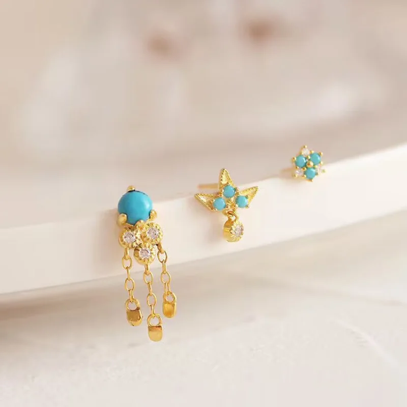 Turquoise series earings stud antique gold crafts diamond inlay trend light luxury simple fashion earrings for women jewelry