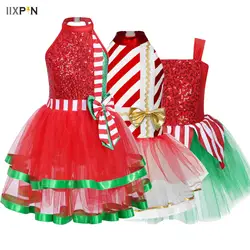 Teens Sequin Mesh Skirt Girls Christmas Birthday Party Gift Tutu Dress Halloween Shiny Princess Elf Candy Cane Cosplay Costume