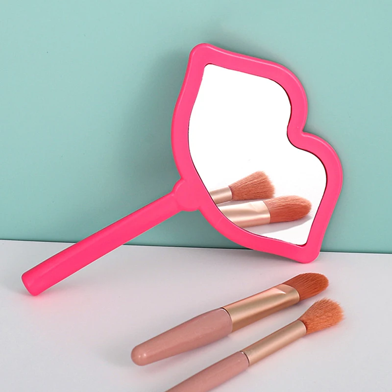 1pc Lip Shaped Makeup Mirror With Handle Hand Handheld Salon Compact Mirrors Cosmetic Mirror For Women