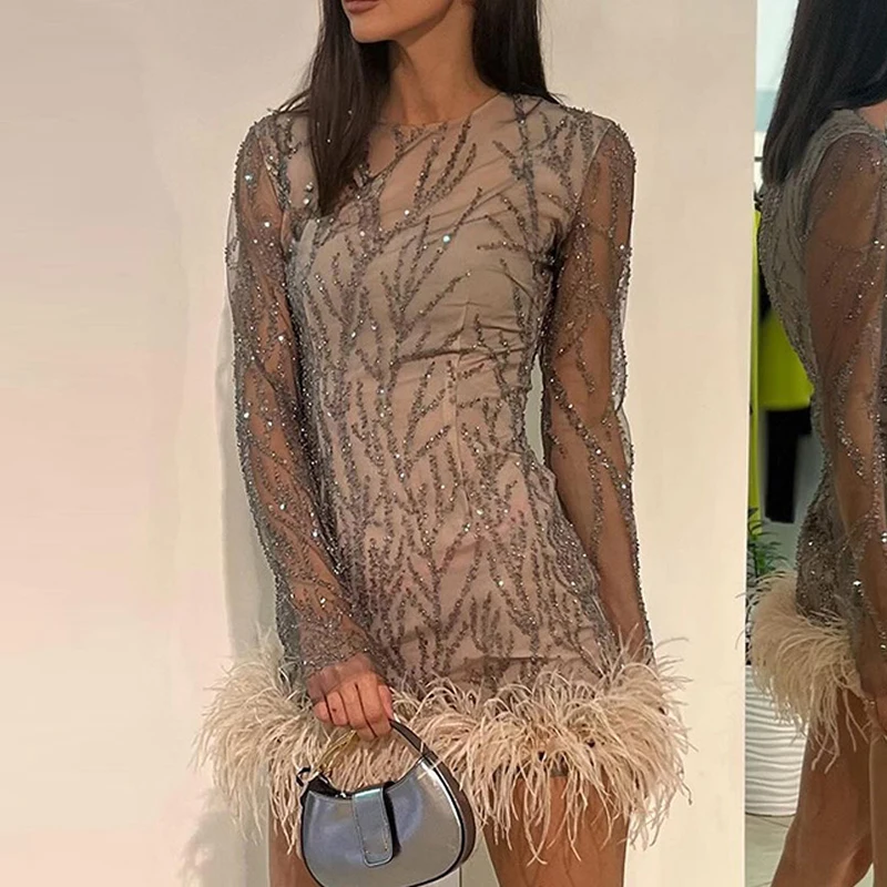 Sexy Round Collar Long Sleeve Dress Elegant Female Party Evening Vestidos Fashion Sequins Feather Hem Sheer Mesh Skinny Dresses