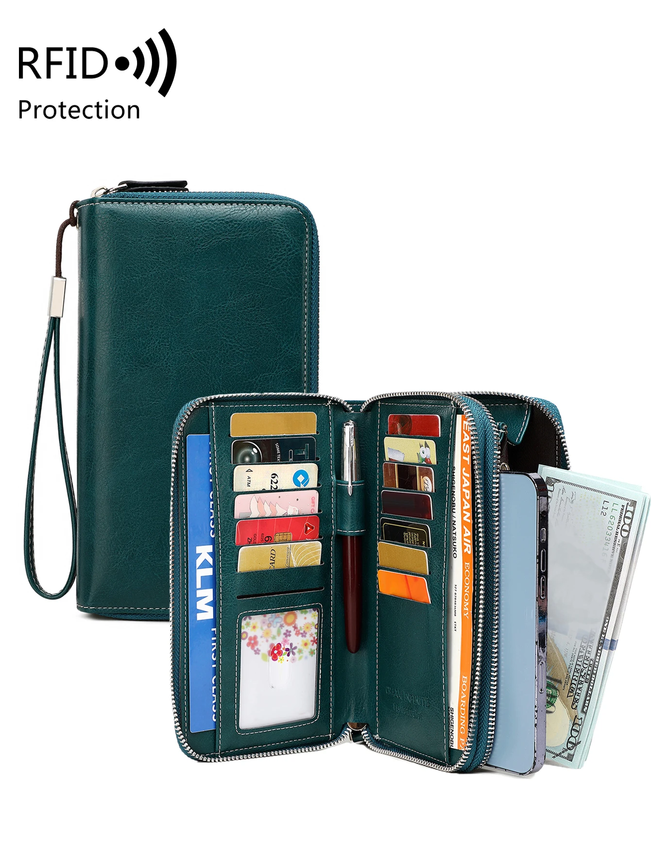 Fashionable RFID anti-theft new women's long wallet with dual zippers, multifunctional credit card bag, coin and change handbag