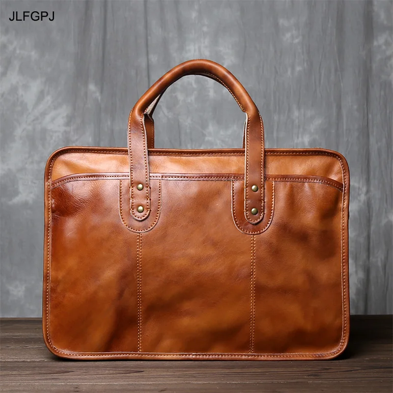 Retro Vegetable Tanned Top Layer Cowhide Briefcase For Men's Leather Simple Double Layer Large Capacity Color Wiping Handbag