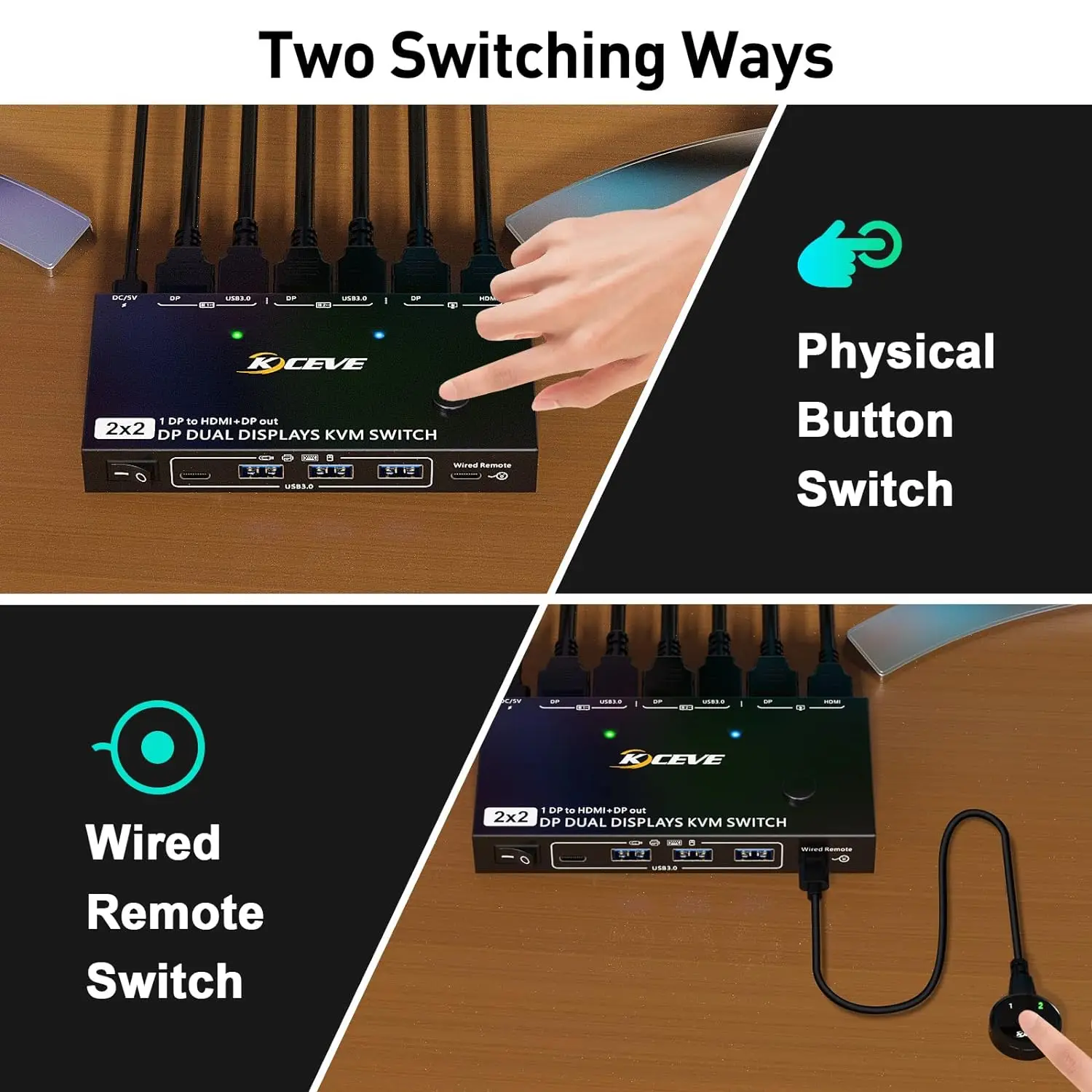 KCEVE podwójny Monitor DP 1.4 przełącznik KVM 4 K @ 60Hz dla 2 komputerów DP1.4 przełącznik KVM 2 w 2 Out kompatybilny z DP1.2 z ubami DP