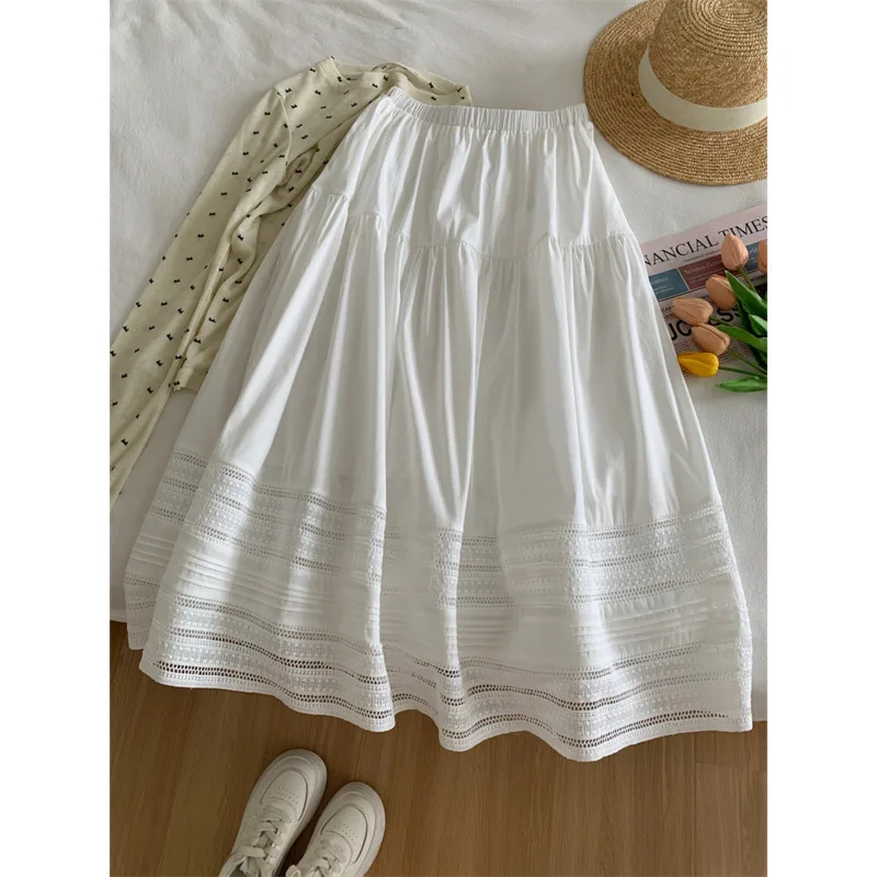 Spring Summer Lace Hollow Out Skirt Women Elastic Waist A-line Korean Midi White Skirts